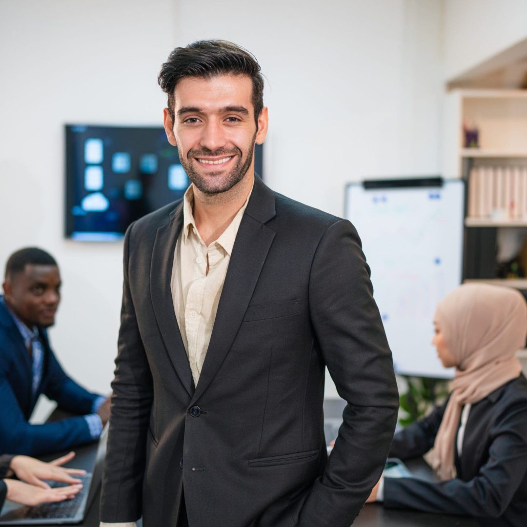 Successful businessman working and looking camera at office desk, Concept of business risk analysis and assessment
